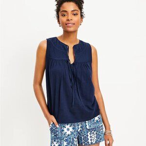 LOFT Double Tie Neck Mixed Media Navy Blue Shell